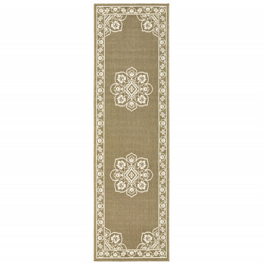 2' X 8' Tan Oriental Stain Resistant Indoor Outdoor Area Rug