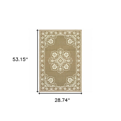 2' X 4' Tan Oriental Stain Resistant Indoor Outdoor Area Rug