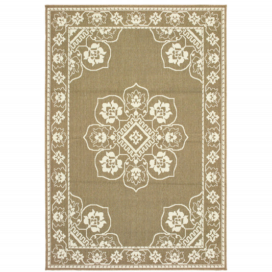 4' X 6' Tan Oriental Stain Resistant Indoor Outdoor Area Rug