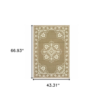 4' X 6' Tan Oriental Stain Resistant Indoor Outdoor Area Rug