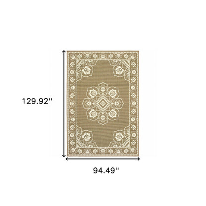 8' X 11' Tan Oriental Stain Resistant Indoor Outdoor Area Rug