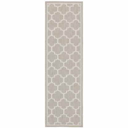 2' X 7' Gray and Ivory Geometric Stain Resistant Indoor Outdoor Area Rug