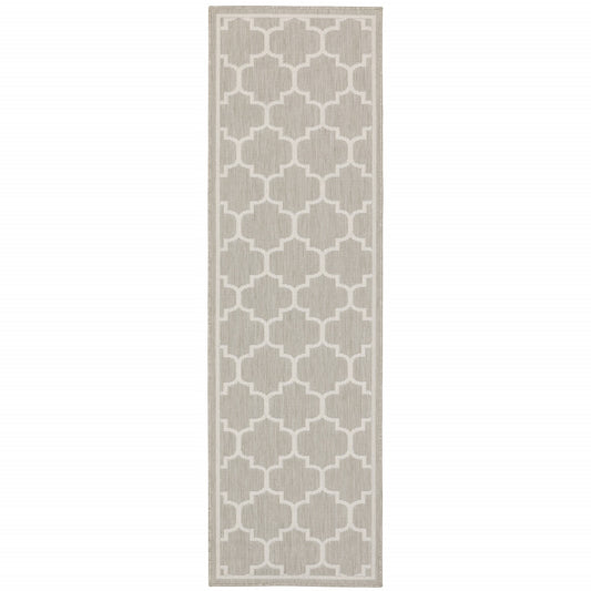 2' X 7' Gray and Ivory Geometric Stain Resistant Indoor Outdoor Area Rug