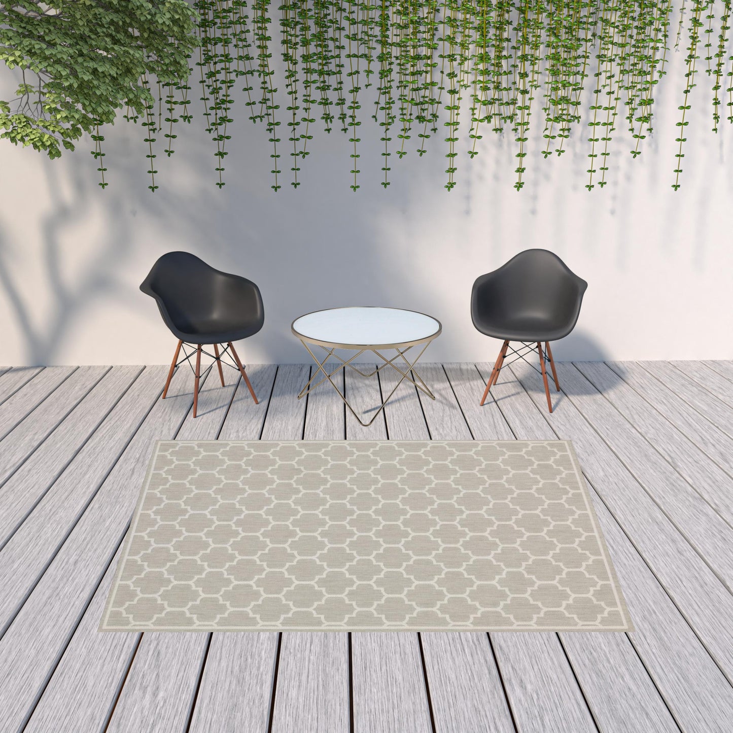 7' X 9' Gray and Ivory Geometric Stain Resistant Indoor Outdoor Area Rug