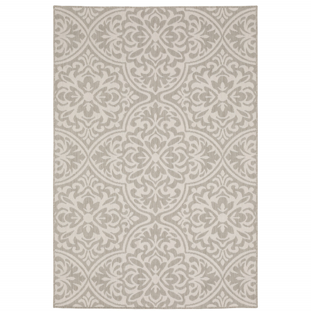 5' X 7' Gray and Ivory Floral Stain Resistant Indoor Outdoor Area Rug