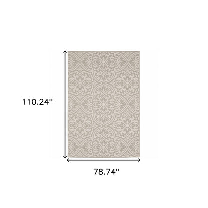 7' X 9' Gray and Ivory Floral Stain Resistant Indoor Outdoor Area Rug