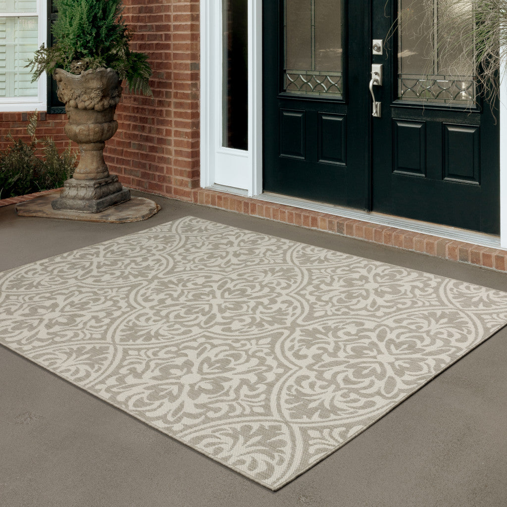 10' X 13' Gray and Ivory Floral Stain Resistant Indoor Outdoor Area Rug