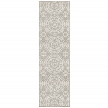 2' X 7' Gray and Ivory Geometric Stain Resistant Indoor Outdoor Area Rug