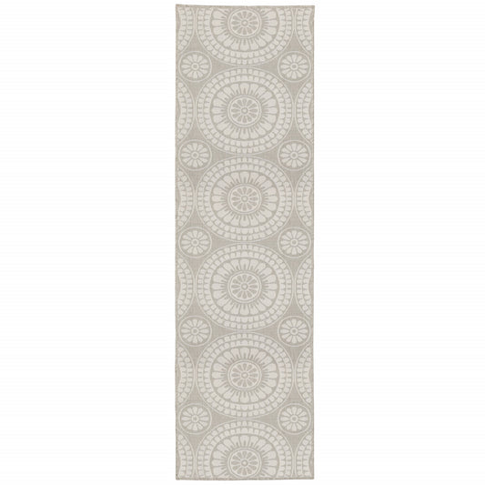 2' X 7' Gray and Ivory Geometric Stain Resistant Indoor Outdoor Area Rug