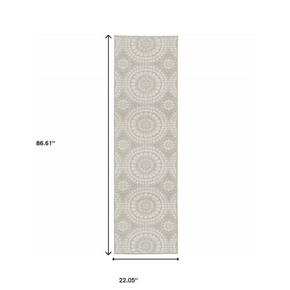 2' X 7' Gray and Ivory Geometric Stain Resistant Indoor Outdoor Area Rug