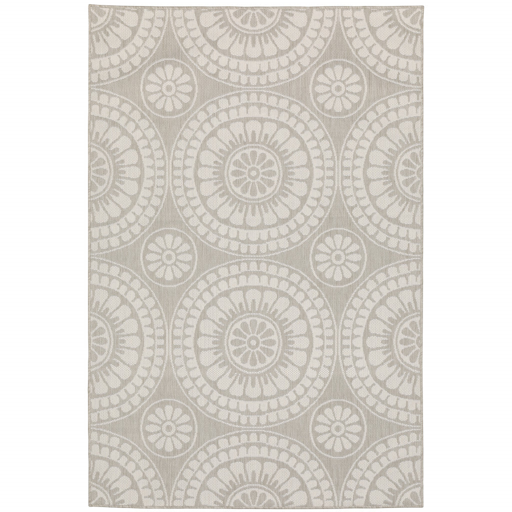 7' X 9' Gray and Ivory Geometric Stain Resistant Indoor Outdoor Area Rug