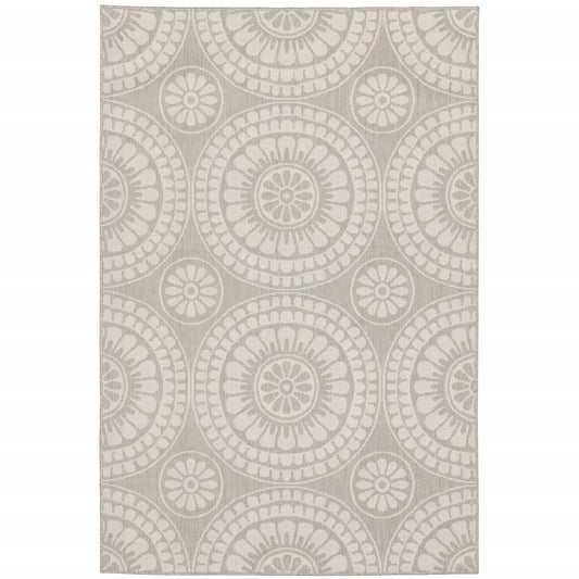 7' X 9' Gray and Ivory Geometric Stain Resistant Indoor Outdoor Area Rug