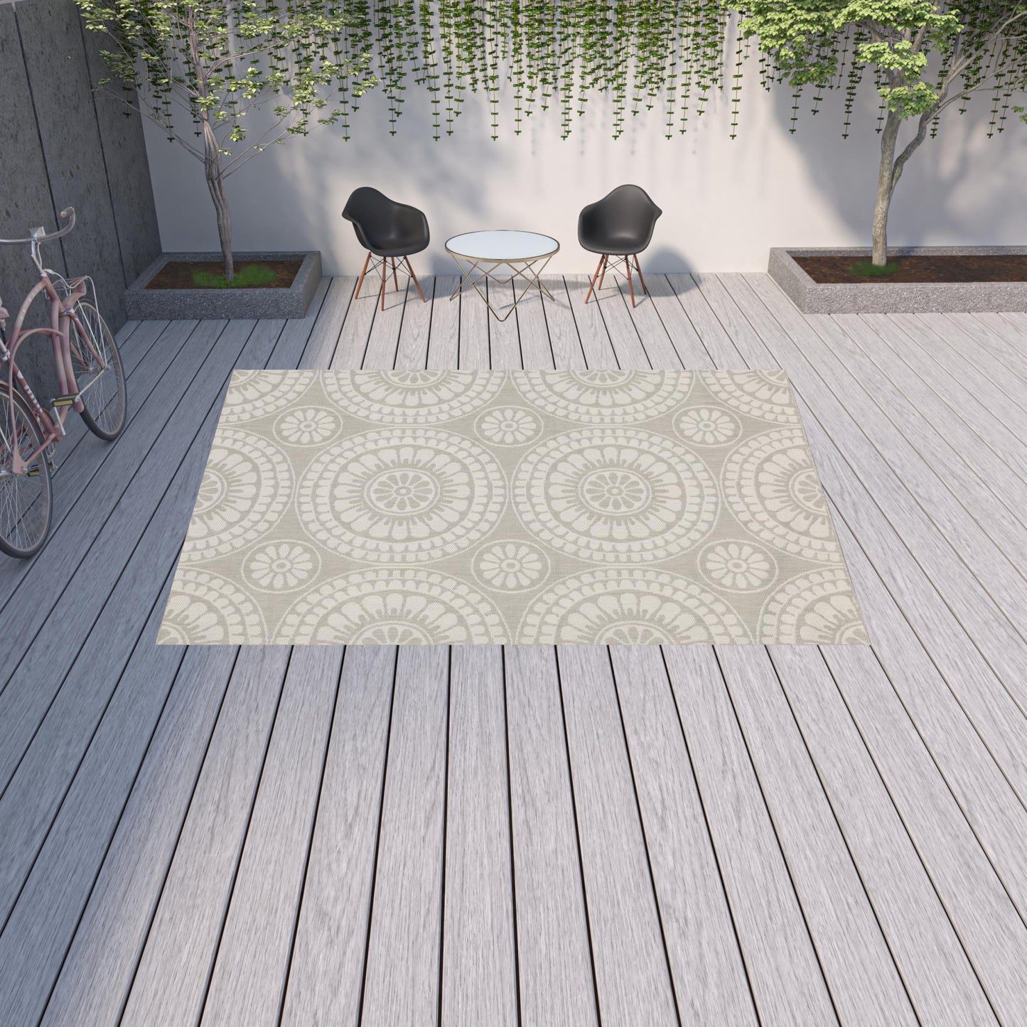 10' X 13' Gray and Ivory Geometric Stain Resistant Indoor Outdoor Area Rug