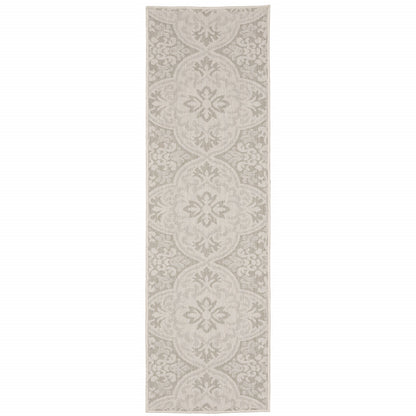 2' X 7' Gray and Ivory Floral Stain Resistant Indoor Outdoor Area Rug