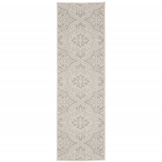 2' X 7' Gray and Ivory Floral Stain Resistant Indoor Outdoor Area Rug