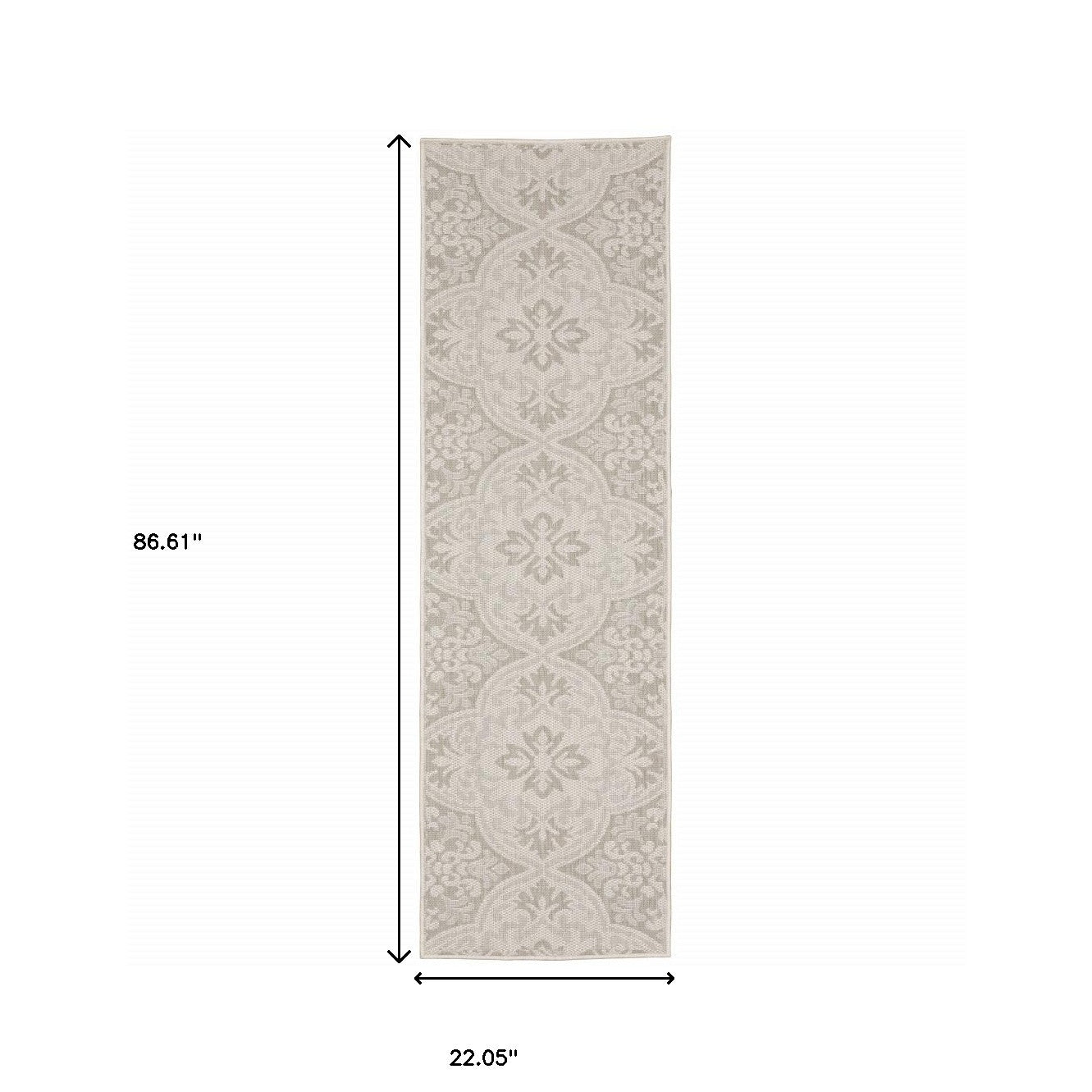 2' X 7' Gray and Ivory Floral Stain Resistant Indoor Outdoor Area Rug