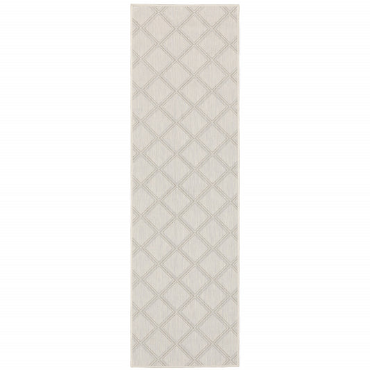 2' X 7' Gray and Ivory Geometric Stain Resistant Indoor Outdoor Area Rug