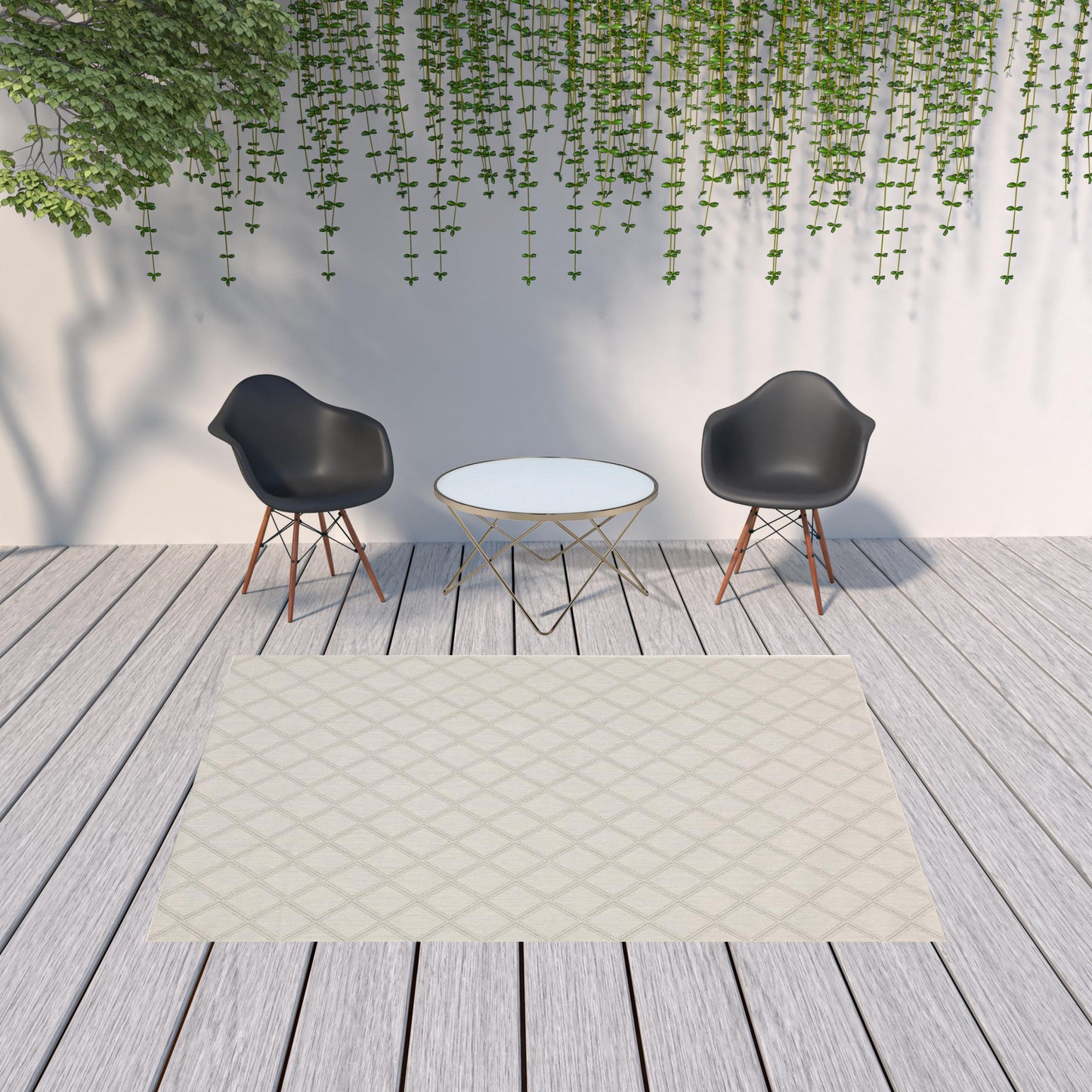 7' X 9' Gray and Ivory Geometric Stain Resistant Indoor Outdoor Area Rug