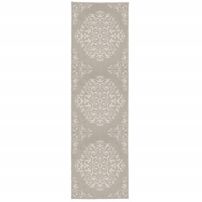 2' X 7' Gray and Ivory Oriental Stain Resistant Indoor Outdoor Area Rug