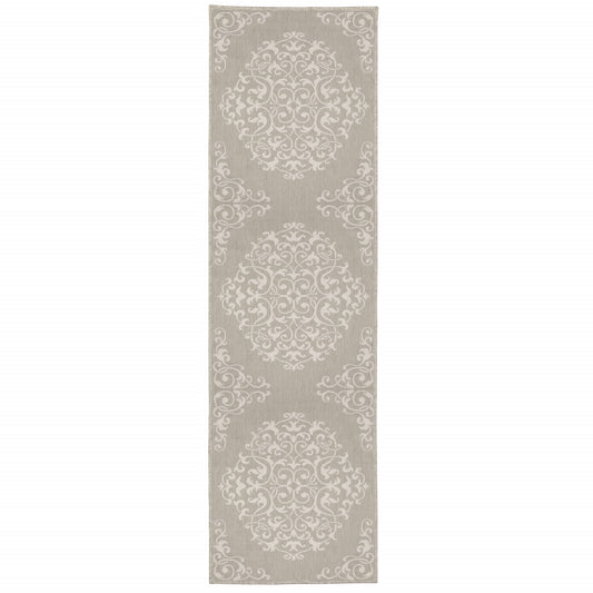 2' X 7' Gray and Ivory Oriental Stain Resistant Indoor Outdoor Area Rug