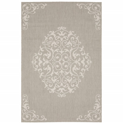 5' X 7' Gray and Ivory Oriental Stain Resistant Indoor Outdoor Area Rug