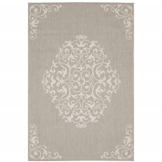 5' X 7' Gray and Ivory Oriental Stain Resistant Indoor Outdoor Area Rug