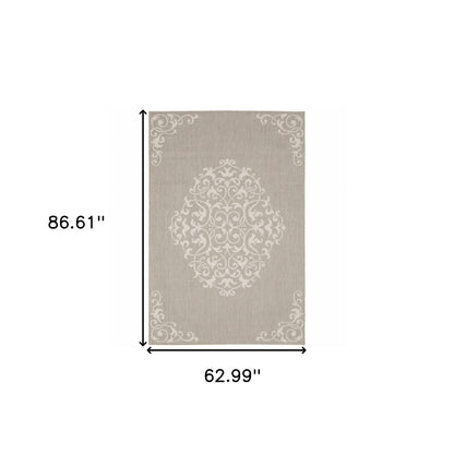 5' X 7' Gray and Ivory Oriental Stain Resistant Indoor Outdoor Area Rug