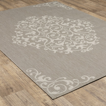 5' X 7' Gray and Ivory Oriental Stain Resistant Indoor Outdoor Area Rug