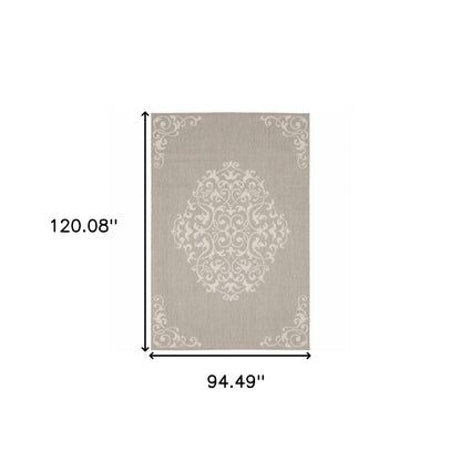 8' X 10' Gray and Ivory Oriental Stain Resistant Indoor Outdoor Area Rug