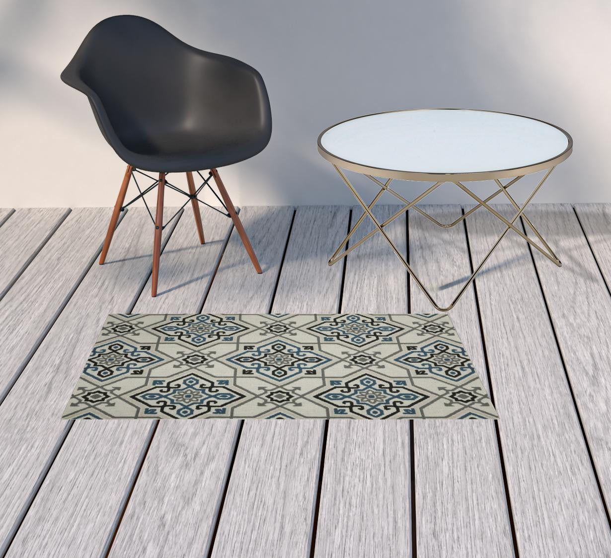 2' X 4' Blue and Beige Oriental Stain Resistant Indoor Outdoor Area Rug