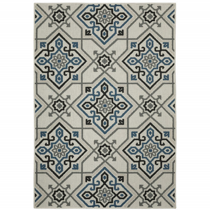 3' X 5' Blue and Beige Oriental Stain Resistant Indoor Outdoor Area Rug