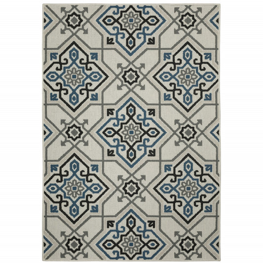 3' X 5' Blue and Beige Oriental Stain Resistant Indoor Outdoor Area Rug