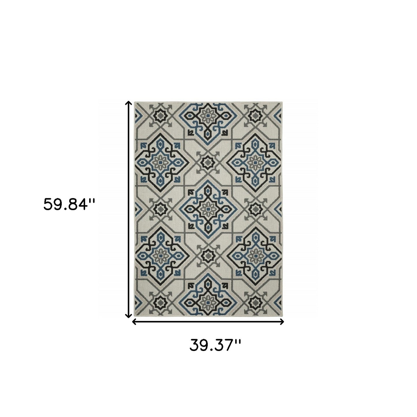 3' X 5' Blue and Beige Oriental Stain Resistant Indoor Outdoor Area Rug