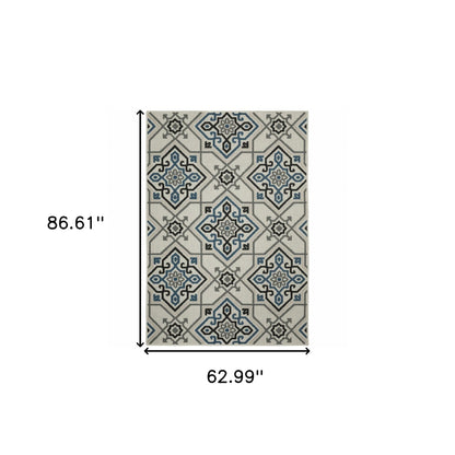 5' X 7' Blue and Beige Oriental Stain Resistant Indoor Outdoor Area Rug