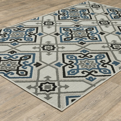 5' X 7' Blue and Beige Oriental Stain Resistant Indoor Outdoor Area Rug