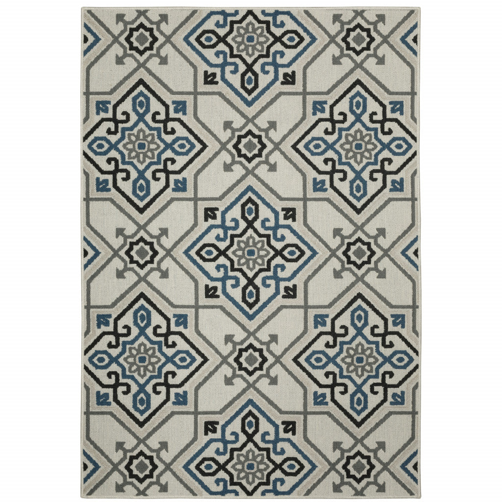 8' X 10' Blue and Beige Oriental Stain Resistant Indoor Outdoor Area Rug