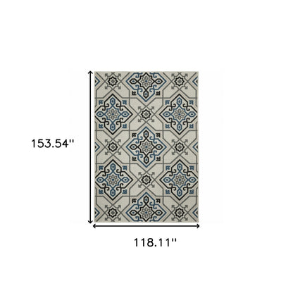 10' X 13' Blue and Beige Oriental Stain Resistant Indoor Outdoor Area Rug