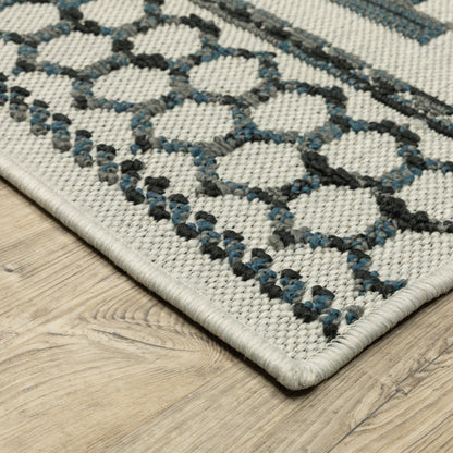 2' X 4' Blue and Beige Geometric Stain Resistant Indoor Outdoor Area Rug