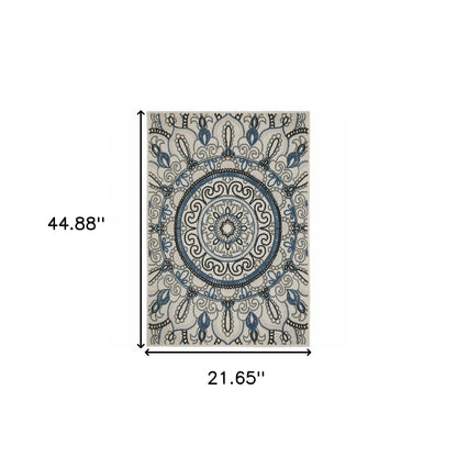 2' X 4' Blue and Beige Geometric Stain Resistant Indoor Outdoor Area Rug