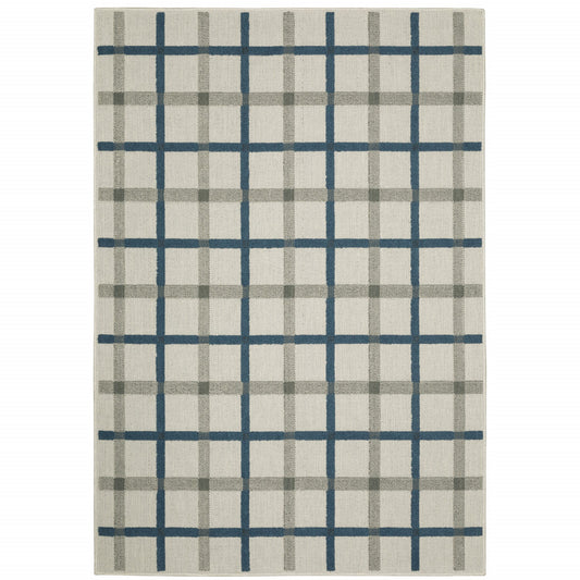 2' X 4' Blue and Beige Geometric Stain Resistant Indoor Outdoor Area Rug