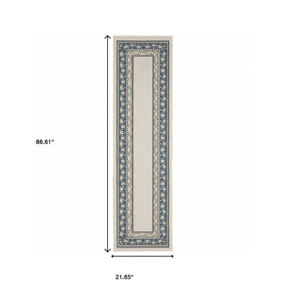 2' X 7' Blue and Beige Stain Resistant Indoor Outdoor Area Rug