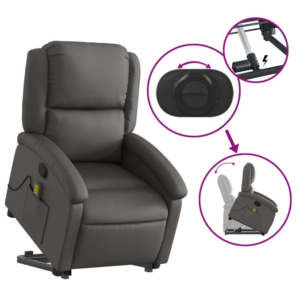 Stand up Massage Recliner Chair Gray Real Leather