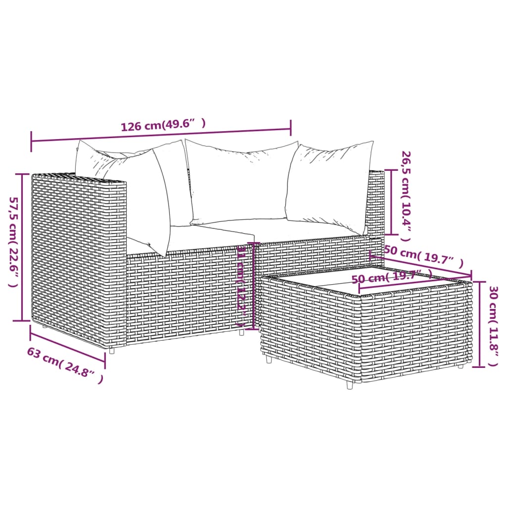 3 Piece Patio Lounge Set with Cushions Brown Poly Rattan