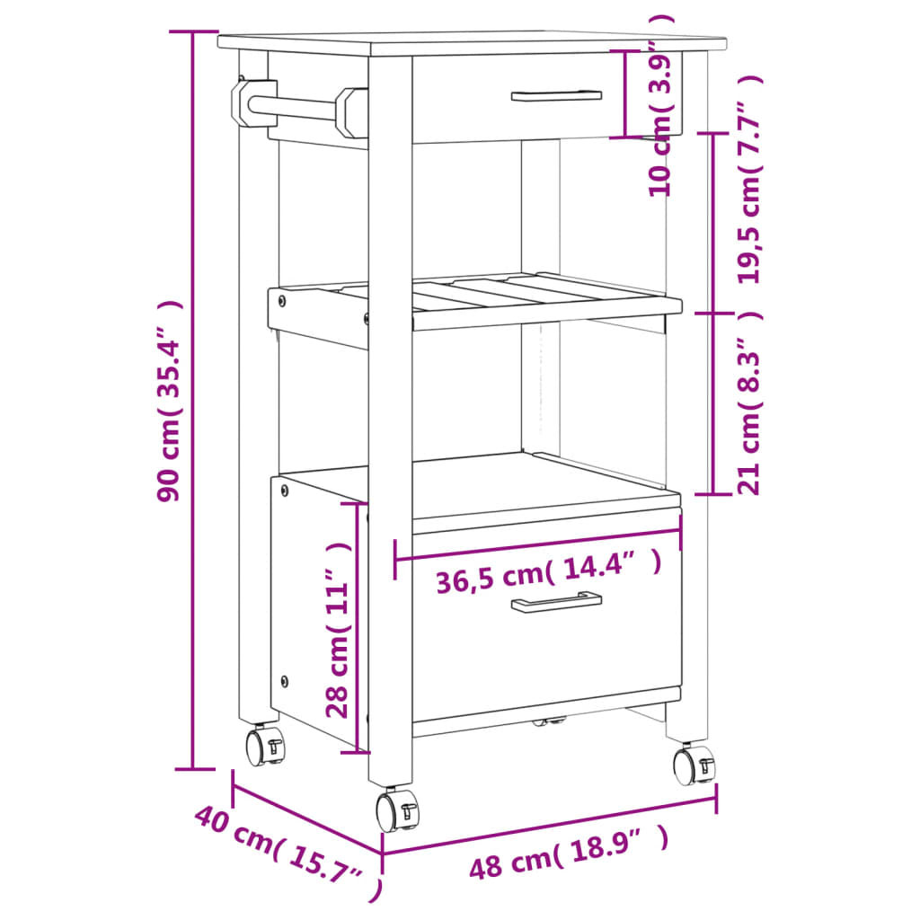 Kitchen Trolley MONZA 18.9"x15.7"x35.4" Solid Wood Pine