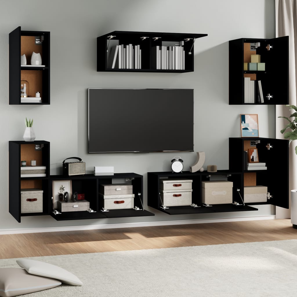 7 Piece TV Stand Set Black Engineered Wood