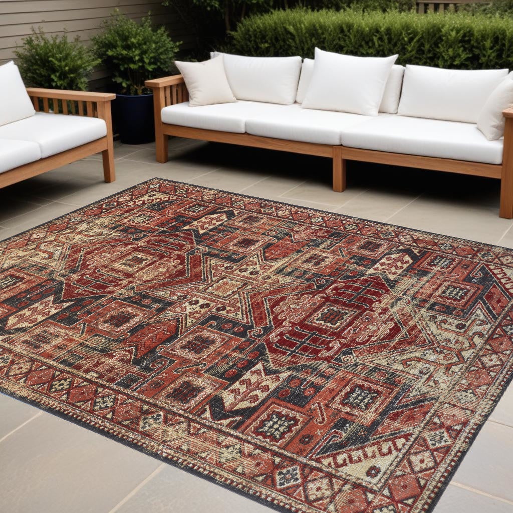 13' X 15' Red and Black Aztec Distressed Indoor Outdoor Area Rug