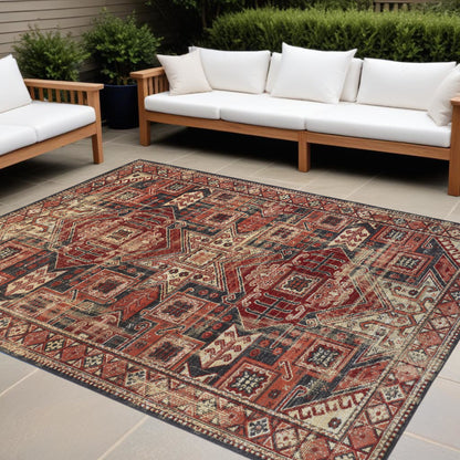 13' X 15' Red and Black Aztec Distressed Indoor Outdoor Area Rug