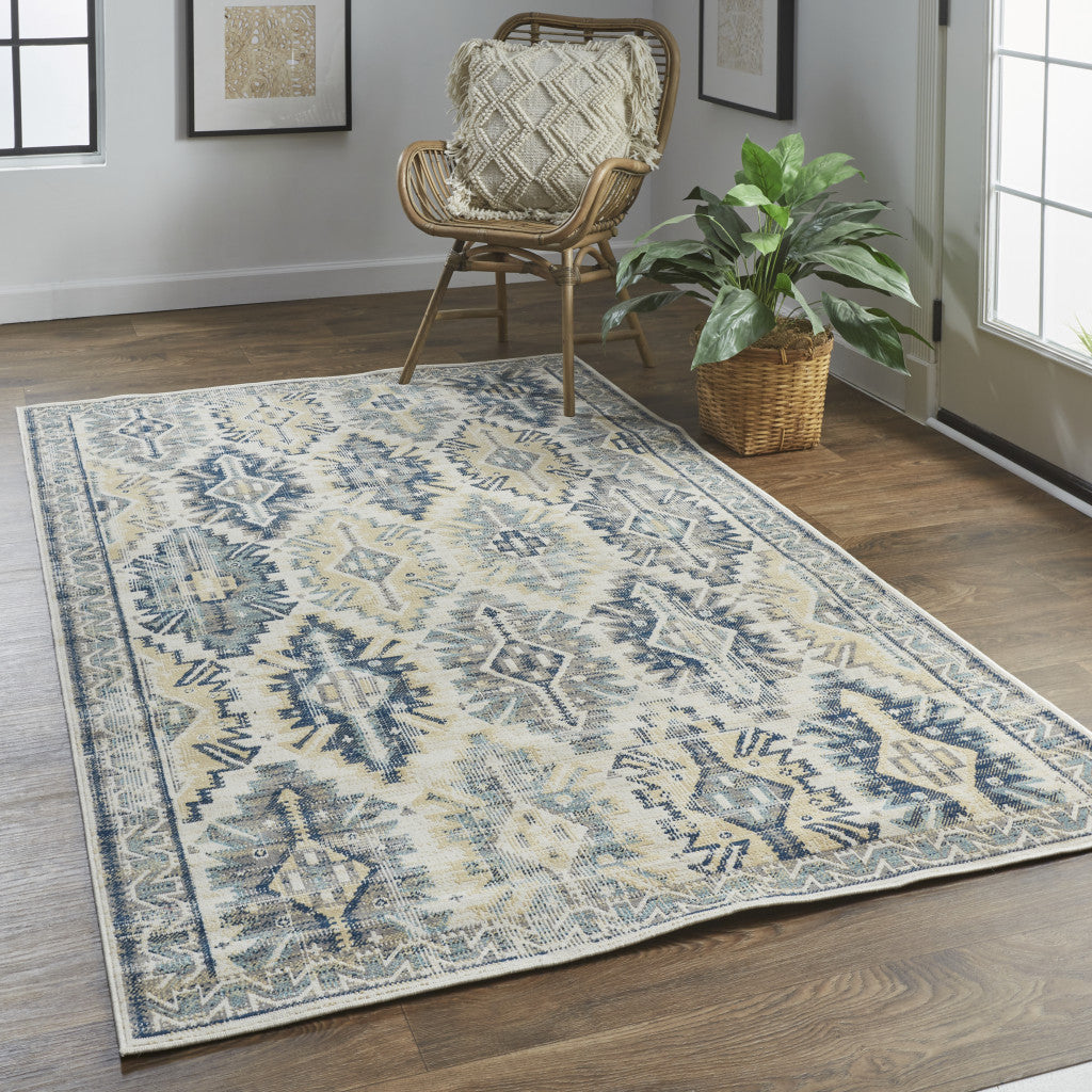 13' X 15' Ivory Green and Blue Aztec Distressed Indoor Outdoor Area Rug