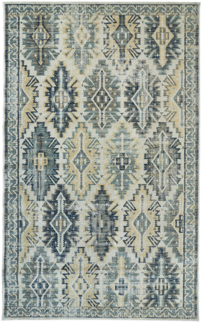 13' X 15' Ivory Green and Blue Aztec Distressed Indoor Outdoor Area Rug