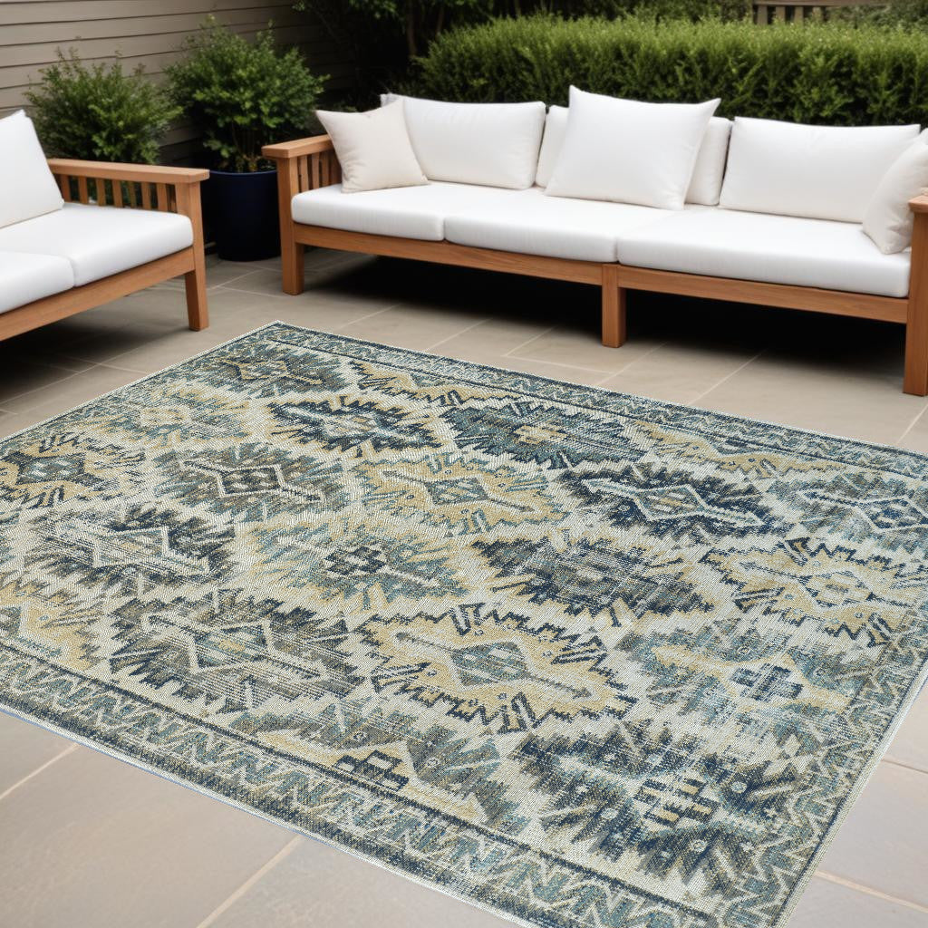 13' X 15' Ivory Green and Blue Aztec Distressed Indoor Outdoor Area Rug